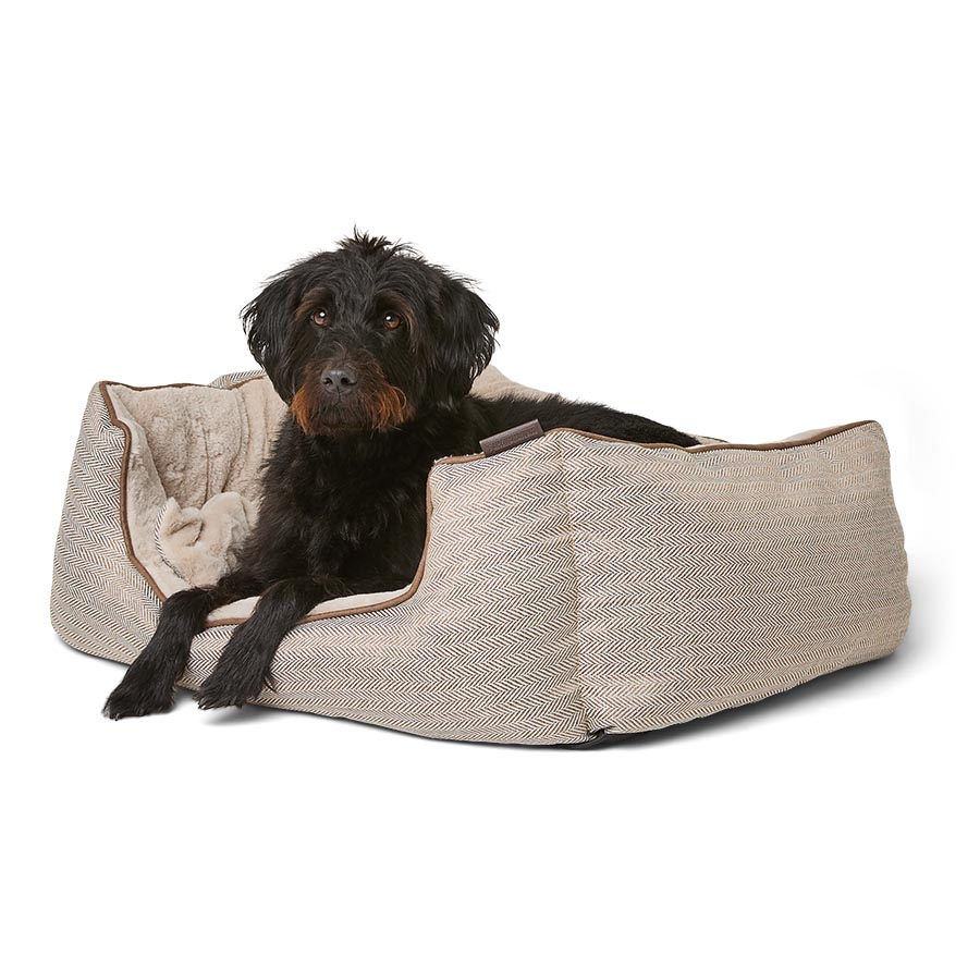 Square Dog Bed with Self Warming Cushion Beige