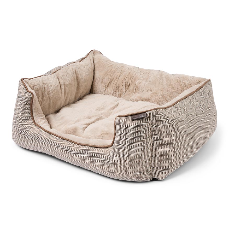 Square Dog Bed with Self Warming Cushion Beige